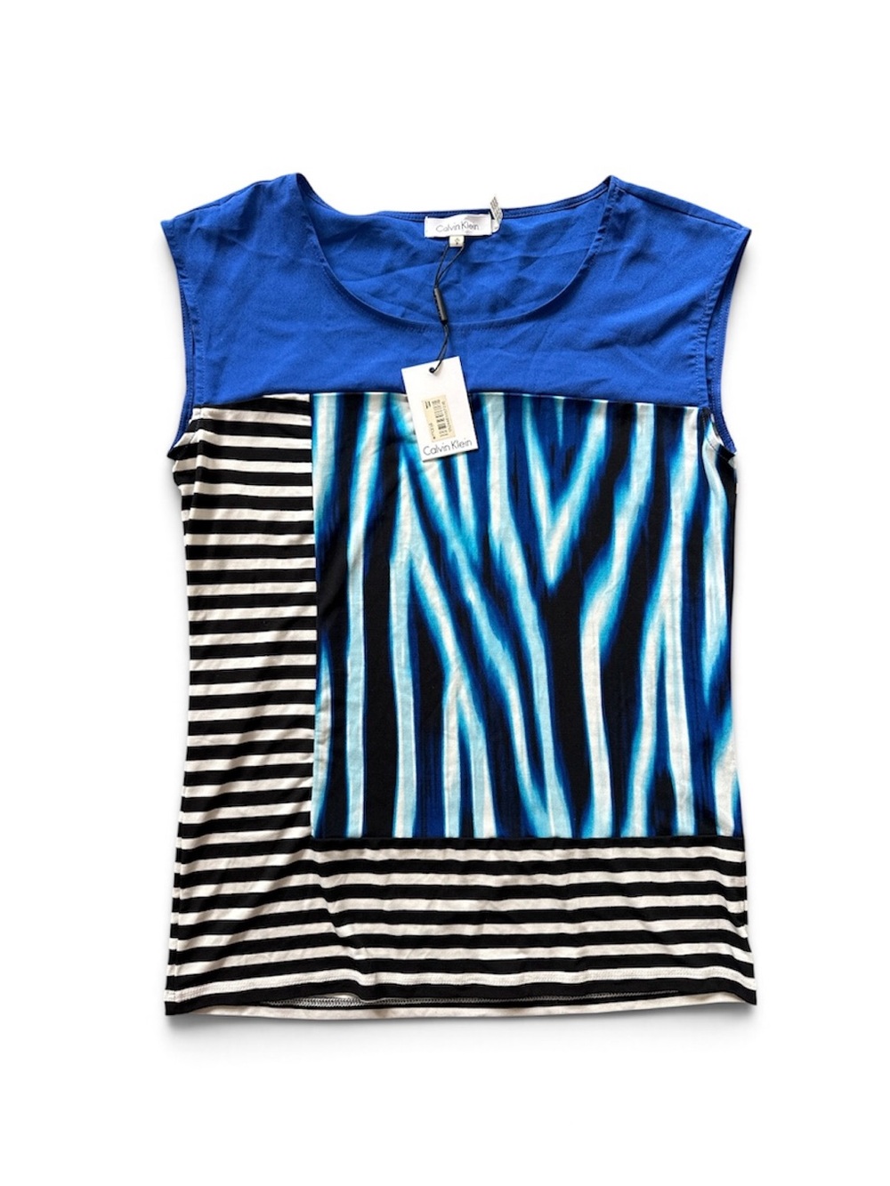 Calvin Klein Blue and Black Mixed-Print Sleeveless Tank